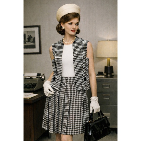 Herman Marcus Dresses & Skirts - Vintage Herman Marcus Black White Houndstooth Vest and Pleated Skirt Set Size 12